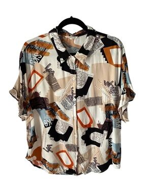 Sunburst Kiss Sz XL Abstract Print Short Sleeve Button-Up Top - Beige Multi